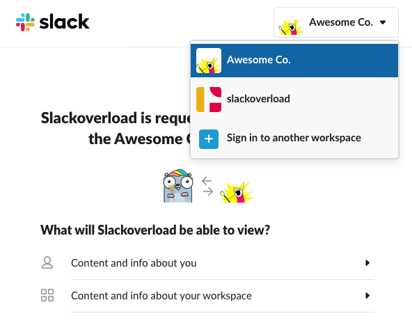 drop down at top right of slack oauth request page listing slack teams